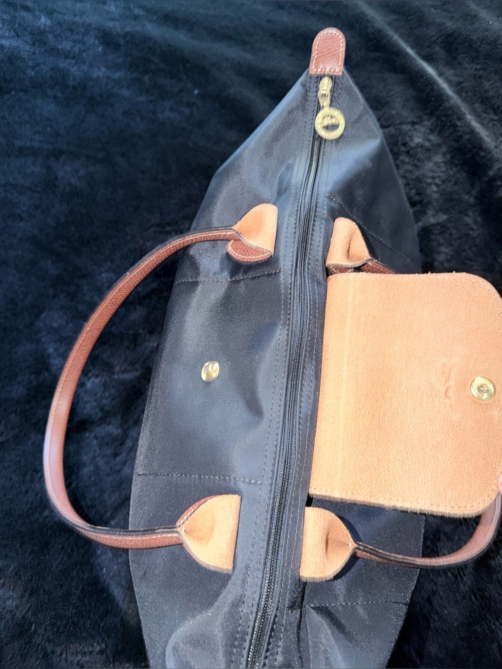 Longchamp Le Pliage Original M Tote in Black with Brown Trim - Picture 2 of 5